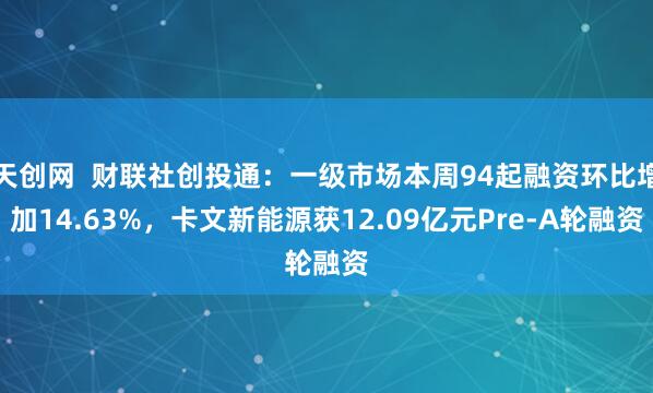 天创网  财联社创投通：一级市场本周94起融资环比增加14.63%，卡文新能源获12.09亿元Pre-A轮融资